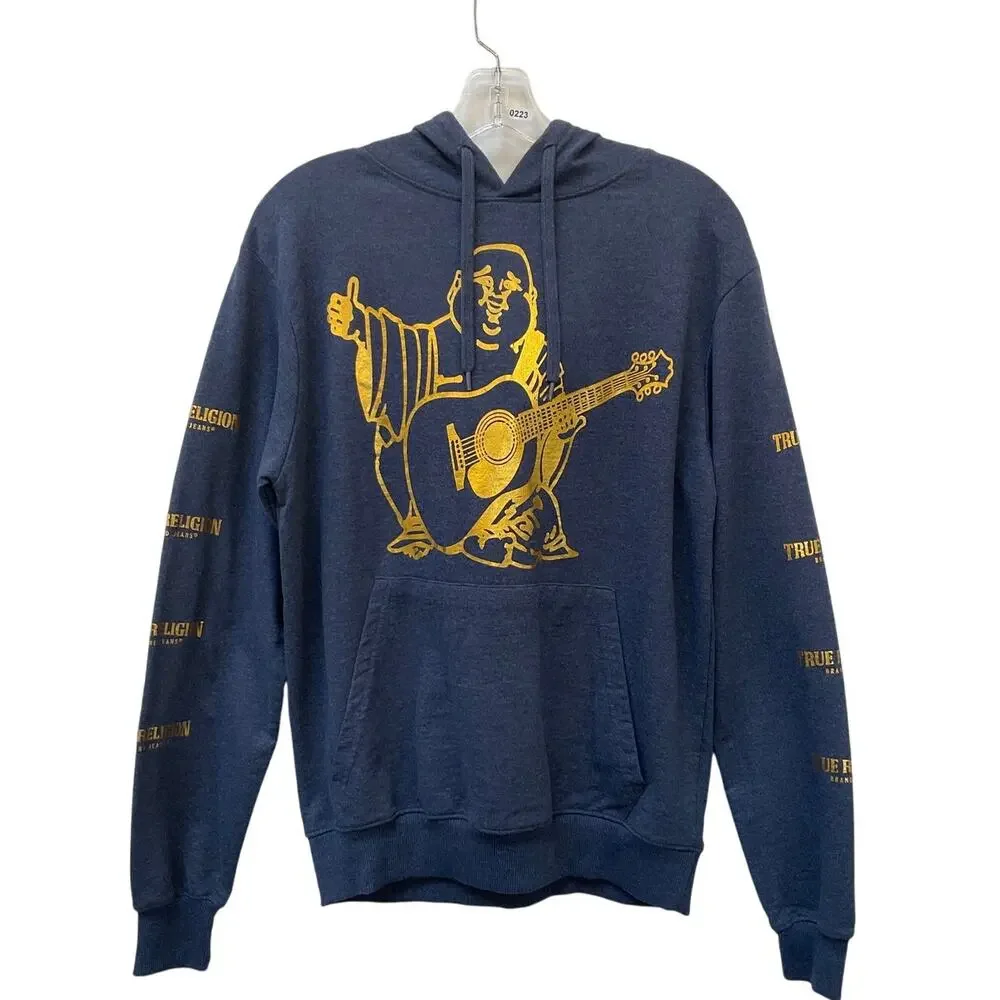 True Religion Youth Boys Medium Navy Blue Gold Buddha Graphic Hoodie Sweatshirt